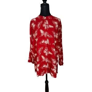 Butterfly Print Tunic Long Sleeve Casual Rayon Blouse Red Bohemian Size XL USA‎